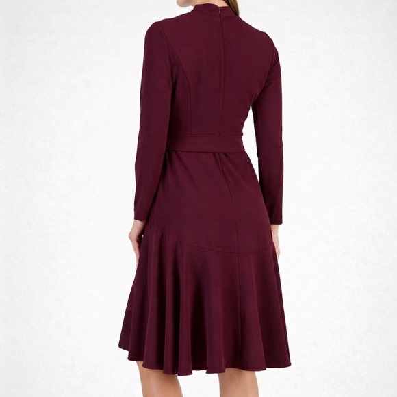 🆕 Taylor Burgundy Belted Long Sleeve V-Neck Fit & Flare Dress Size 8 Midi Hi-Low - Picture 3 of 16